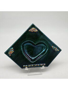 Fused Glass Bowl Green Heart Shaped Iridescent Accents by Bella Glass